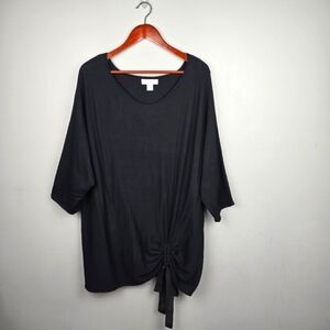 CJ BANKS 3/4 Sleeve Tunic Top Front Tie Black Women Plus Sixe 3X Stretchy Modest